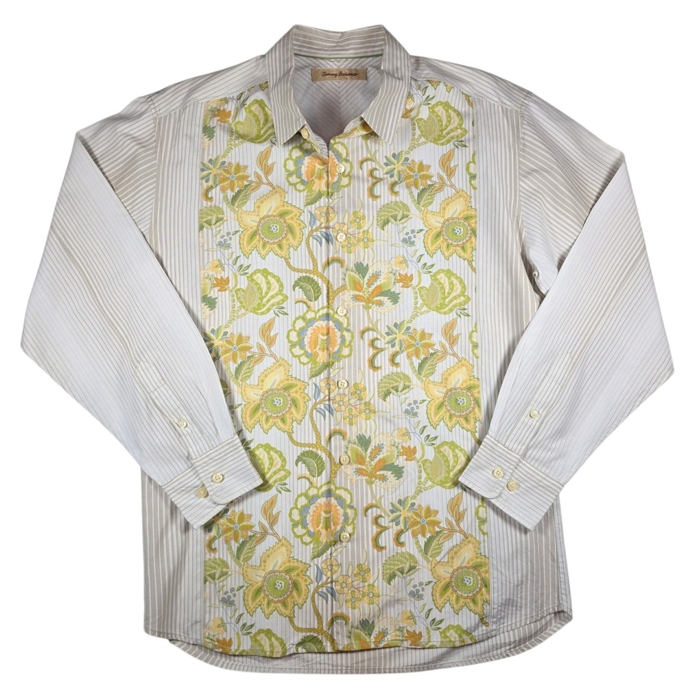 Tommy Bahama Gray Striped Green Floral Button-Up L/S Flip Cuff Shirt Men's Sz L